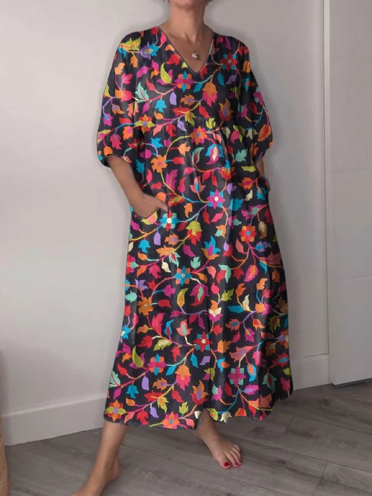 Colorful Floral And Vine Pattern Printed Women's Pocket V-Neck Cotton Dress