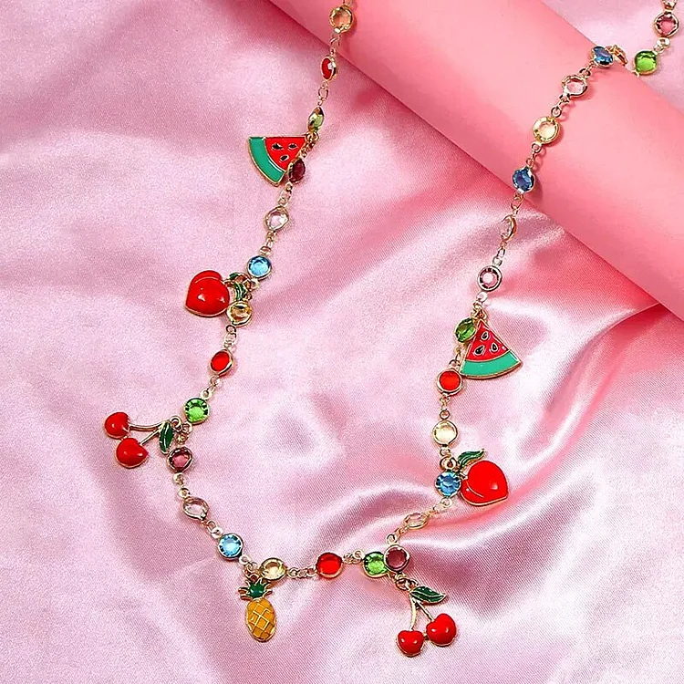 Fashion Multicolor Crystal Bead Pendant Necklace for Women Sweet Fruit Cherry Watermelon Necklace Korean Jewelry Gift