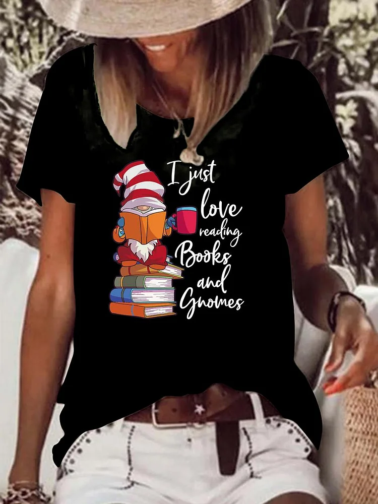 I Just Love Reading Baooks And Gnomes Raw Hem Tee