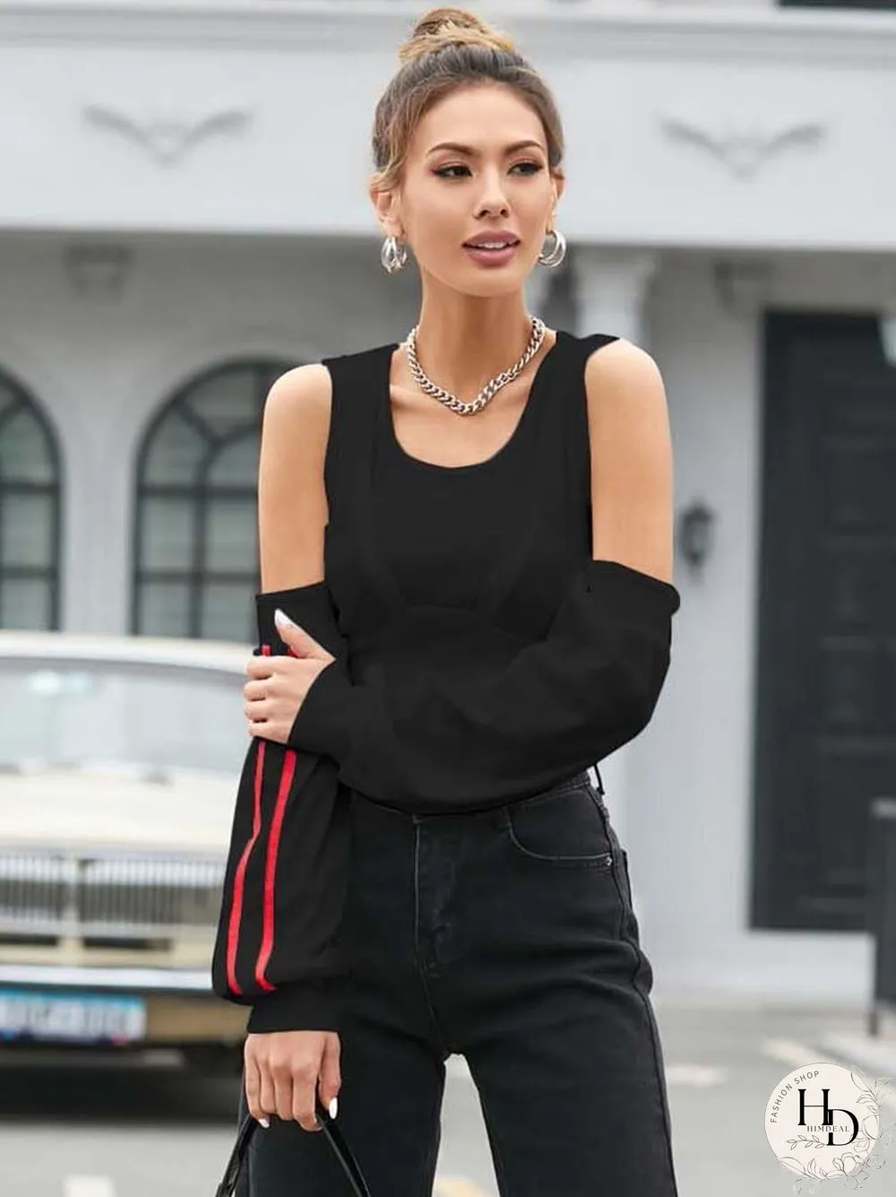 Stripe Off Shoulder Long Sleeve Cut Out Sexy Crop Top For Women