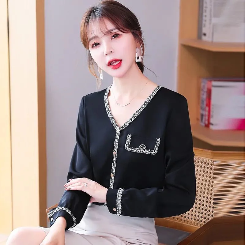 Jangj Summer New Stitching Chiffon Blouse V-neck Long Sleeve Casual Shirts for Female Korean Style Office Lady Elegant Shirts