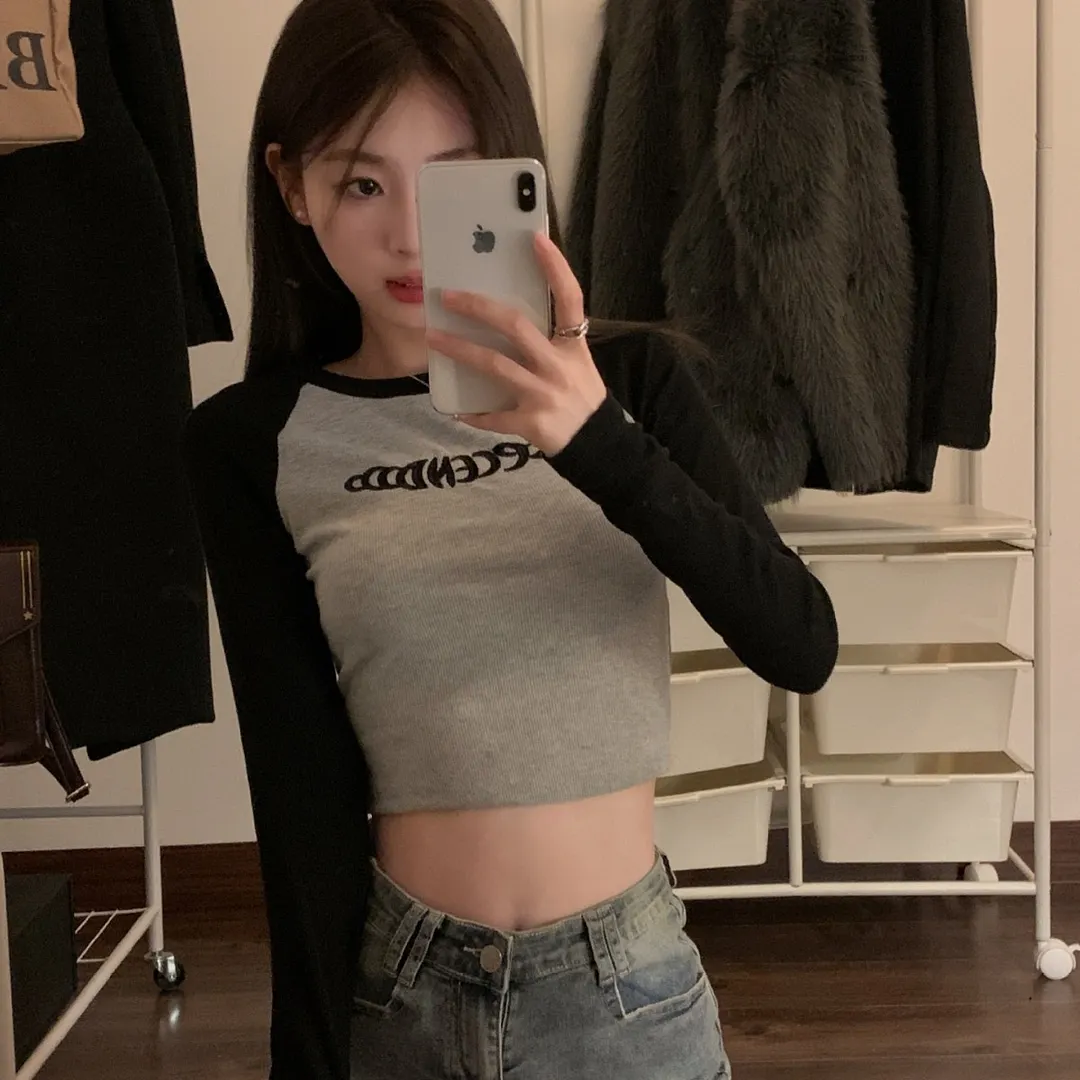 Brownm Brownm Embroidered Long-Sleeved T-Shirt Women's Fall 2024 New Slim Show Slim Design Sense Short Student Bottom Top