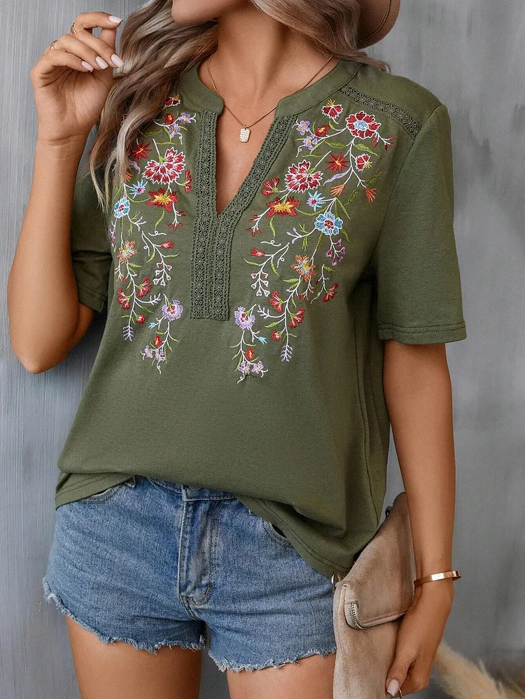 Women's V Neck Embroidered Shirts Lace V Neck Henley Short Sleeve Casual Shirts Floral Embroidery Blouses