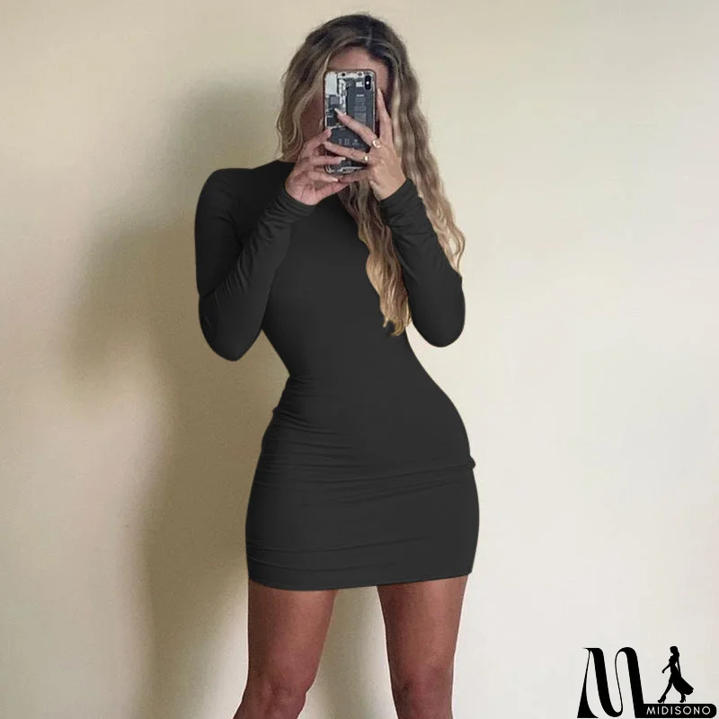 MidiSono - Slim Sexy Women'S Round Neck Long Sleeve Dress