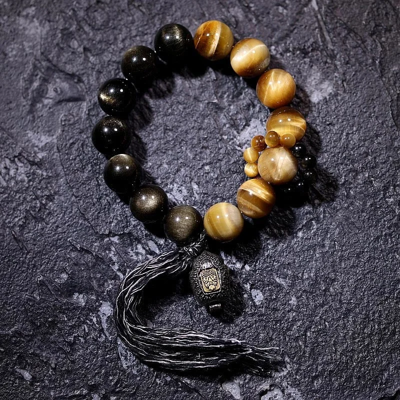 Natural Gold Sheen Obsidian Tiger Eye Wealth Tassel Bracelet