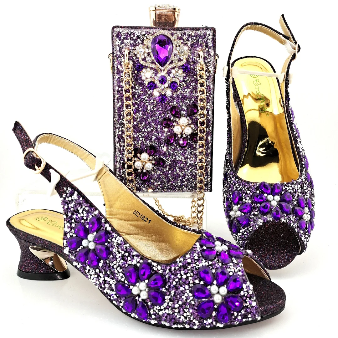 QSGFC 2022 Purple  Color Shiny Retro Alloy Mosaic Rhinestone Accessories Ladies Shoes and Bag Set for Party Wedding