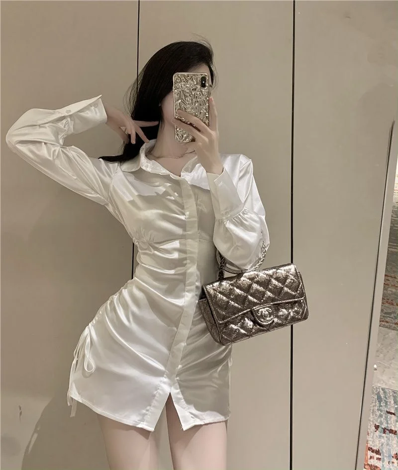 Tie-Waist Drawstring Mini Satin Shirtdress YP1450