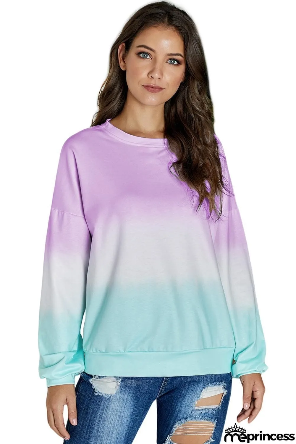 Casual Purple Color Block Tie Dye Pullover Sweatshirt