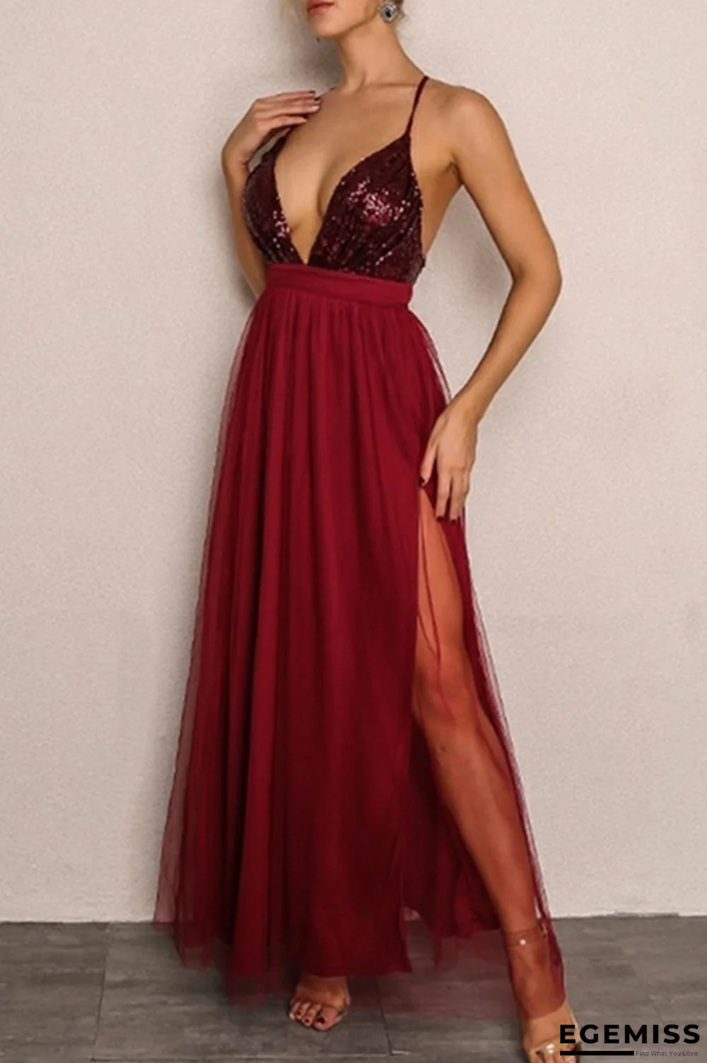 Burgundy Sexy Patchwork Sequins Backless Spaghetti Strap Long Dress | EGEMISS