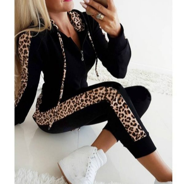 New Women's Leopard Long-sleeved Plus Velvet Printed Sweater Zipper Hood Sweater Trousers Autumn and Winter Women's Two-piece Suit - Shop Trendy Women's Fashion | TeeYours