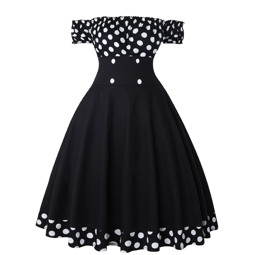 Retro Dress For Women A-Line Polka Dot Off The Shoulder Paneled Dress
