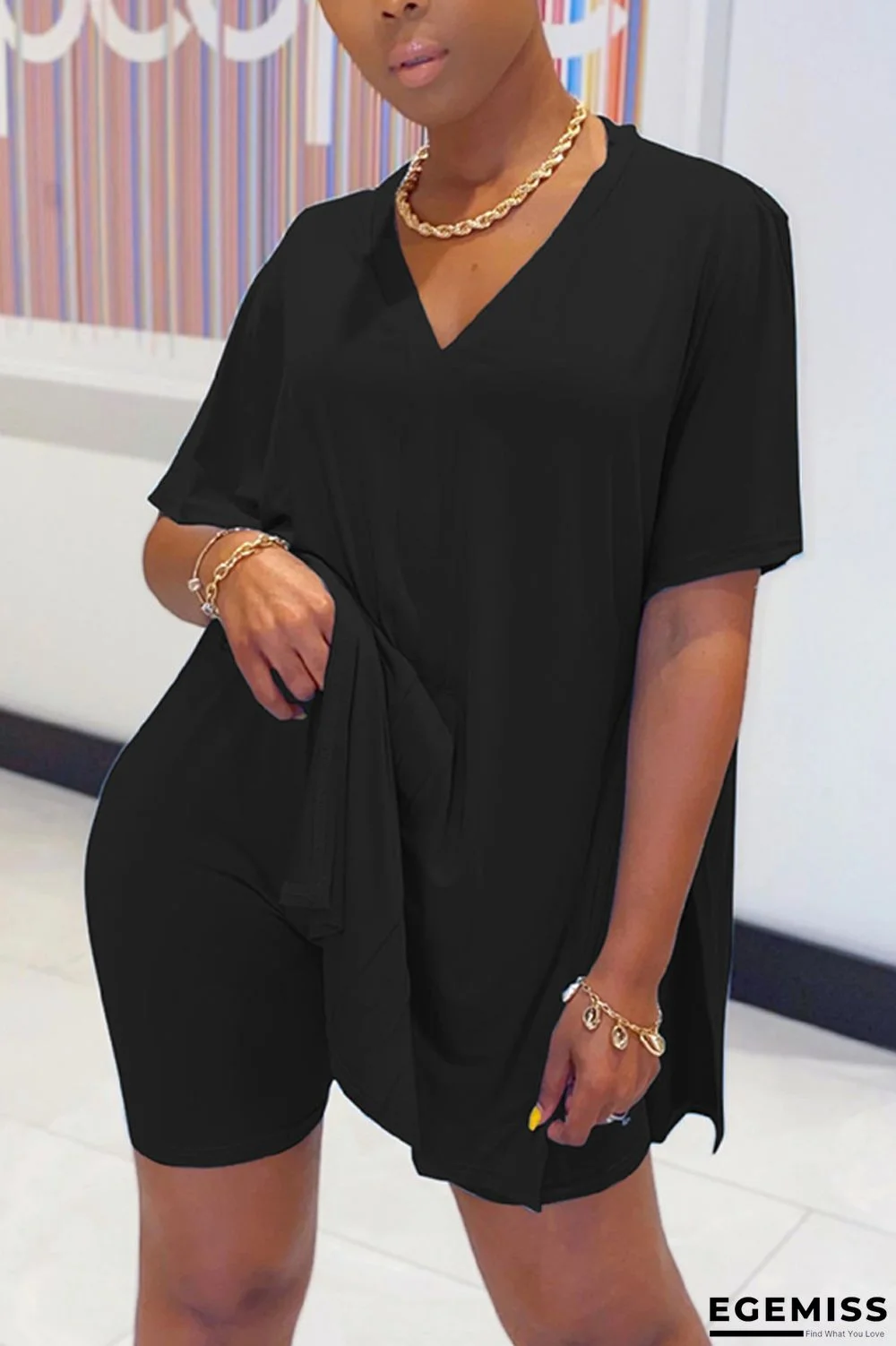 Black Casual Loose Short Sleeve Top Shorts Set | EGEMISS