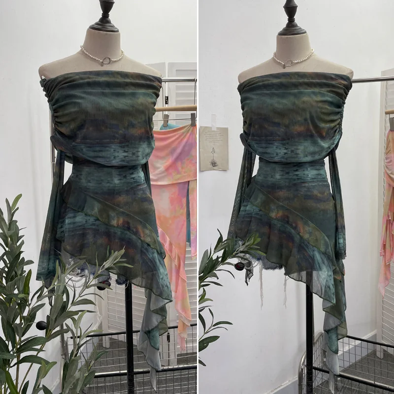 Nigikala Nigikala And Spicy Shoulder Dyed Printing Mesh Long-Sleeved Coat Folds Irregular Ribbon T-Shirt 9997