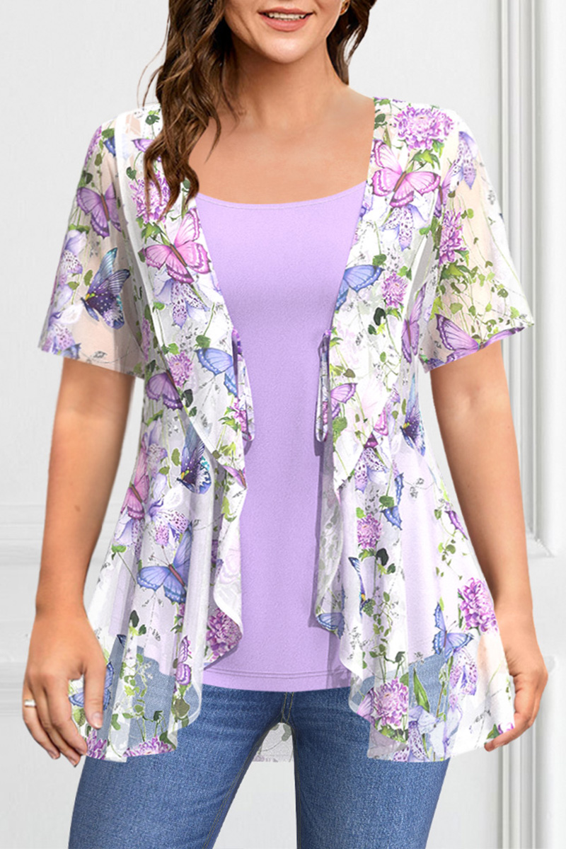 Flycurvy Plus Size Casual Purple Chiffon Floral Print Lace-Up 2 in 1 Tops Blouse