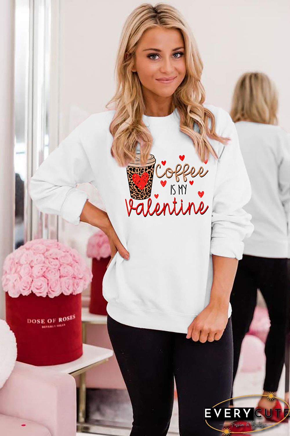 Letter Leopard Heart Graphic Print Long Sleeve Pullover Sweatshirt