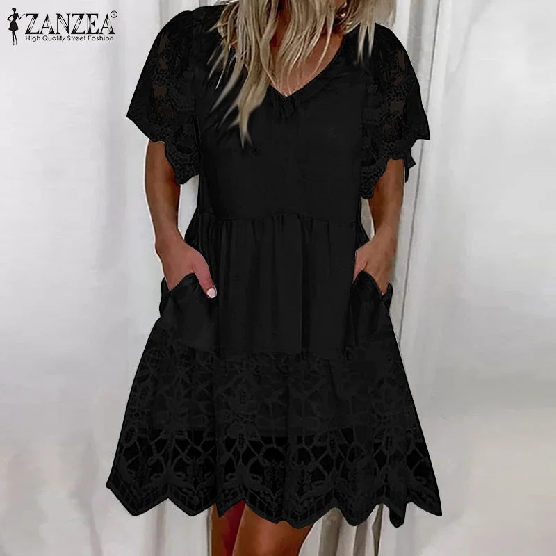 Elegant V Neck Short Sleeve Sundress ZANZEA Women's Summer Lace Crochet Party Dress Stylish Holiday OL Midi Vestidos Robe Femme