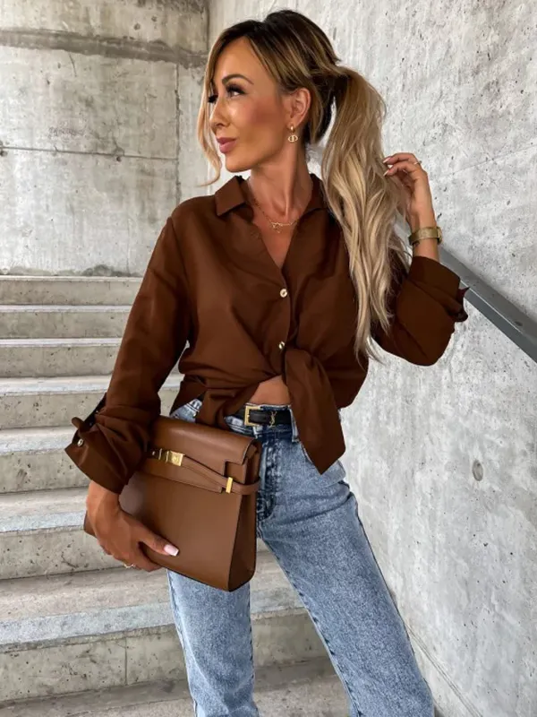 Trendy Long Sleeves Solid Color Lapel Collar Blouses DEEP BROWN-XL