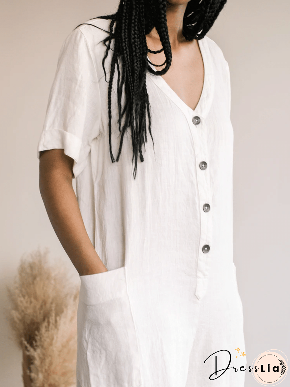 Casual Cotton-Blend Pockets Solid Jumpsuit & Romper