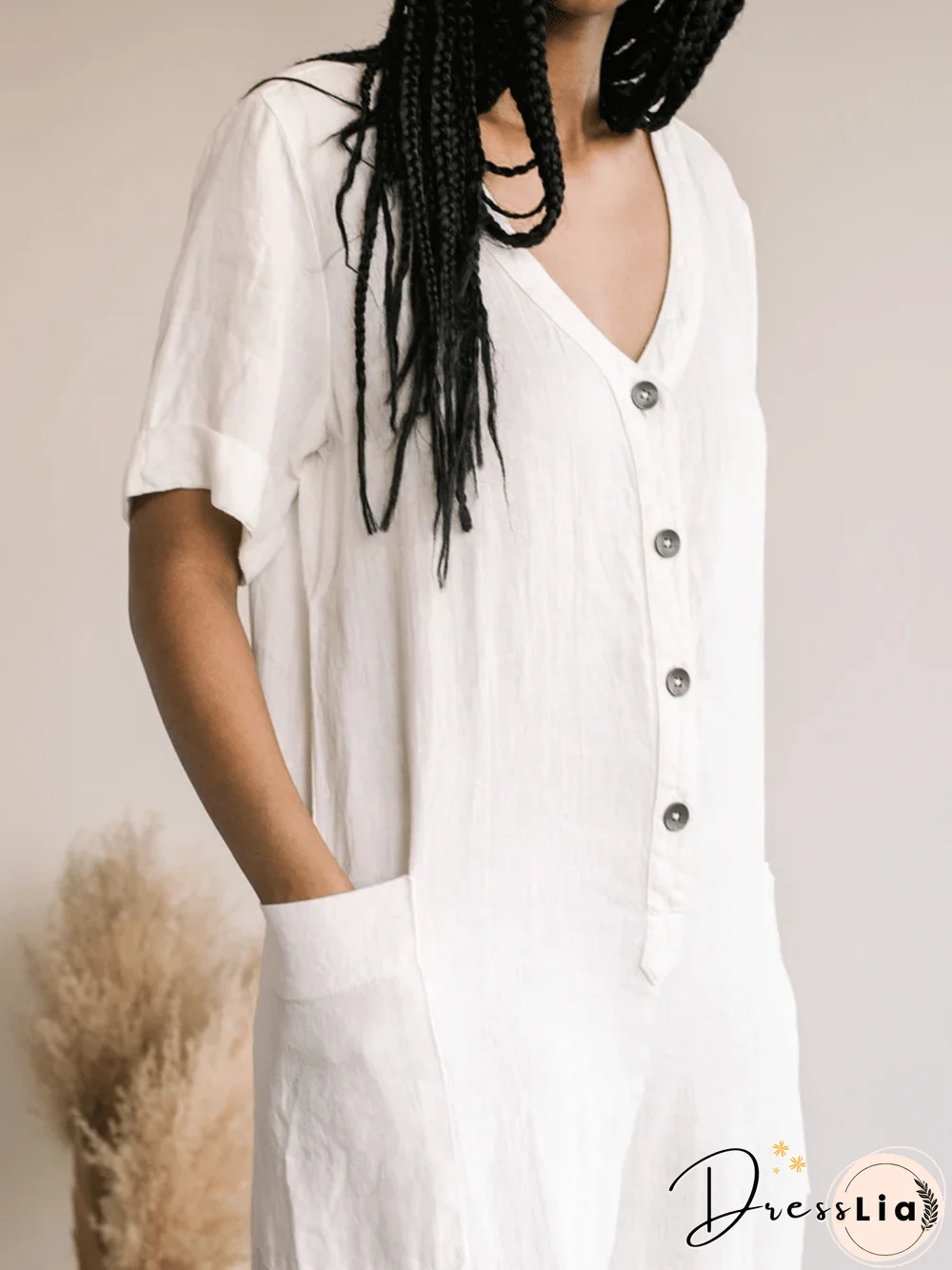 Casual Cotton-Blend Pockets Solid Jumpsuit & Romper