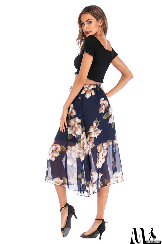 MidiSono - Elastic Waist Blue Floral Print Chiffon Skirt