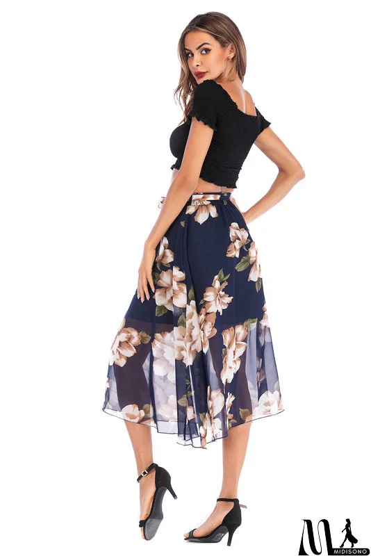 MidiSono - Elastic Waist Blue Floral Print Chiffon Skirt