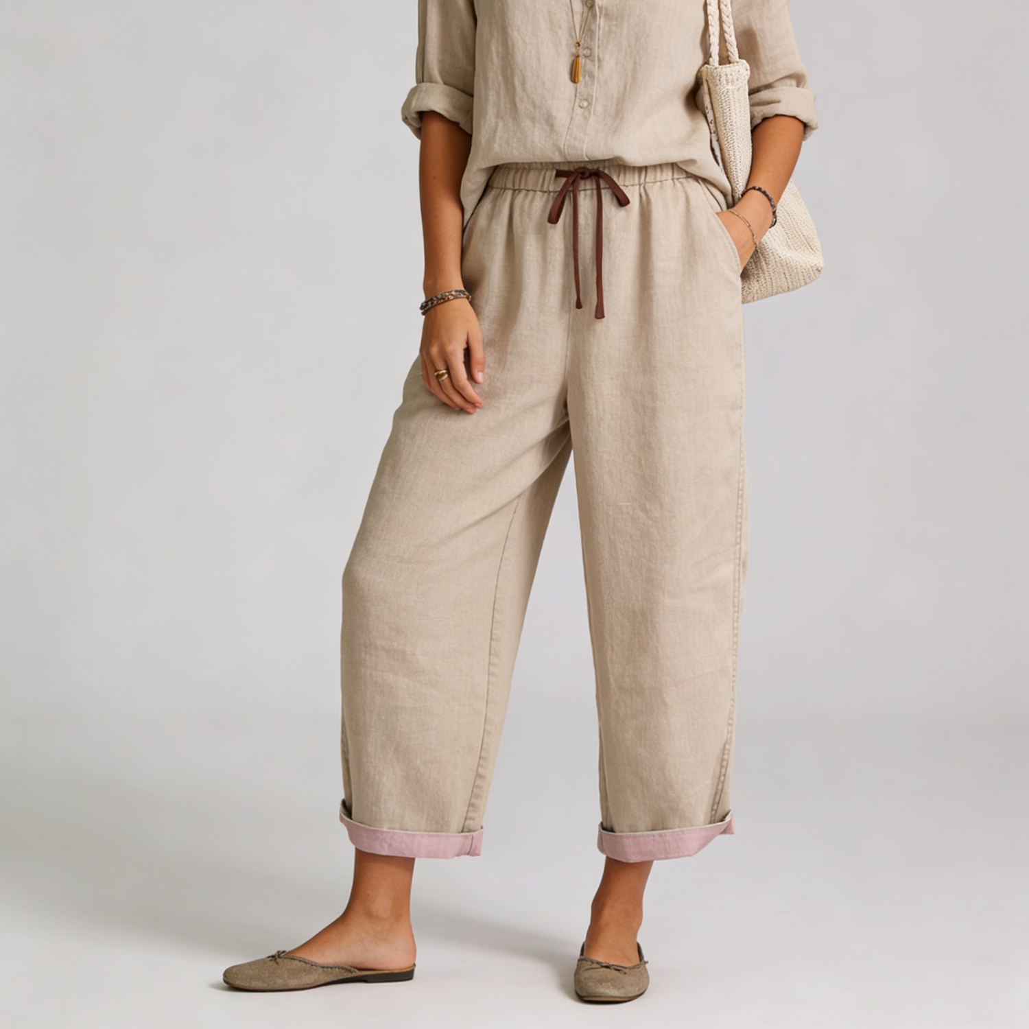 Linen Pants Women 100% Linen Drawstring Cropped Trousers Adjustable Fit REAL SILK LIFE