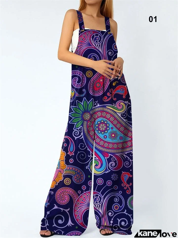 Women’s Ethnic Style Abstract Print Square Neck Long Jumpsuit