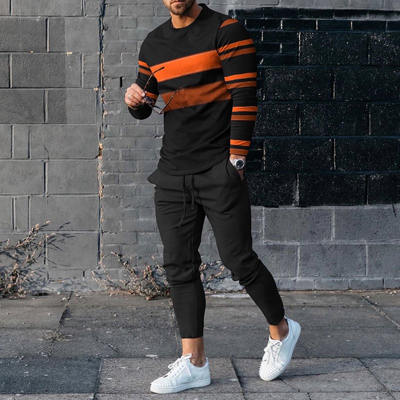 Men's Striped Color Blocking Casual Long Sleeve T-Shirt And Pants Co-Ord