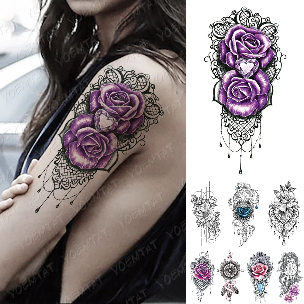 Waterproof Temporary Tattoo Sticker Heart Shaped Diamond Flash Tattoos Rose Flower Lace Body Art Arm Fake Sleeve Tatoo Women