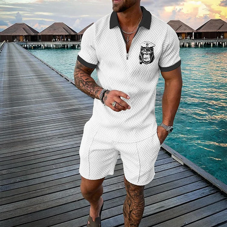 BrosWear Men's Patchwork Casual Short Sleeve Polo Shirt and Shorts Two Piece Set