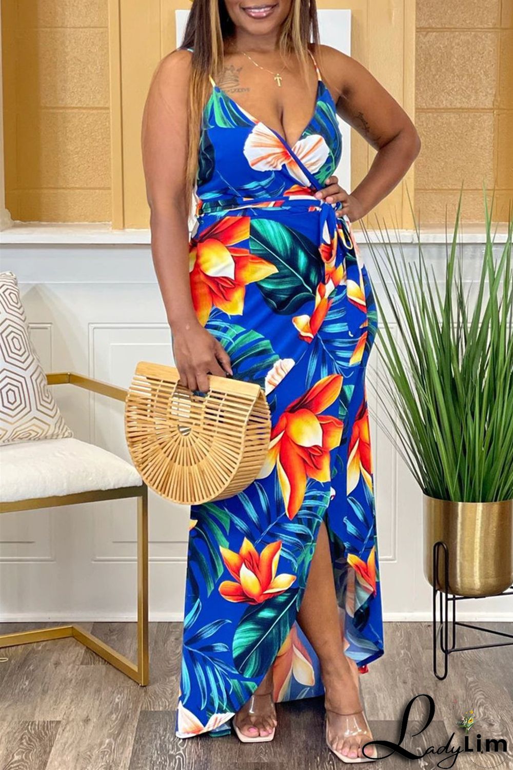 Green Sexy Casual Print Bandage Backless V Neck Sling Dress