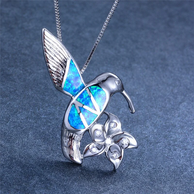 Boho Female Big Bird Flower Pendants Necklaces Blue Fire Opal Stone Necklace Fashion Silver Color Animal Wedding Jewelry