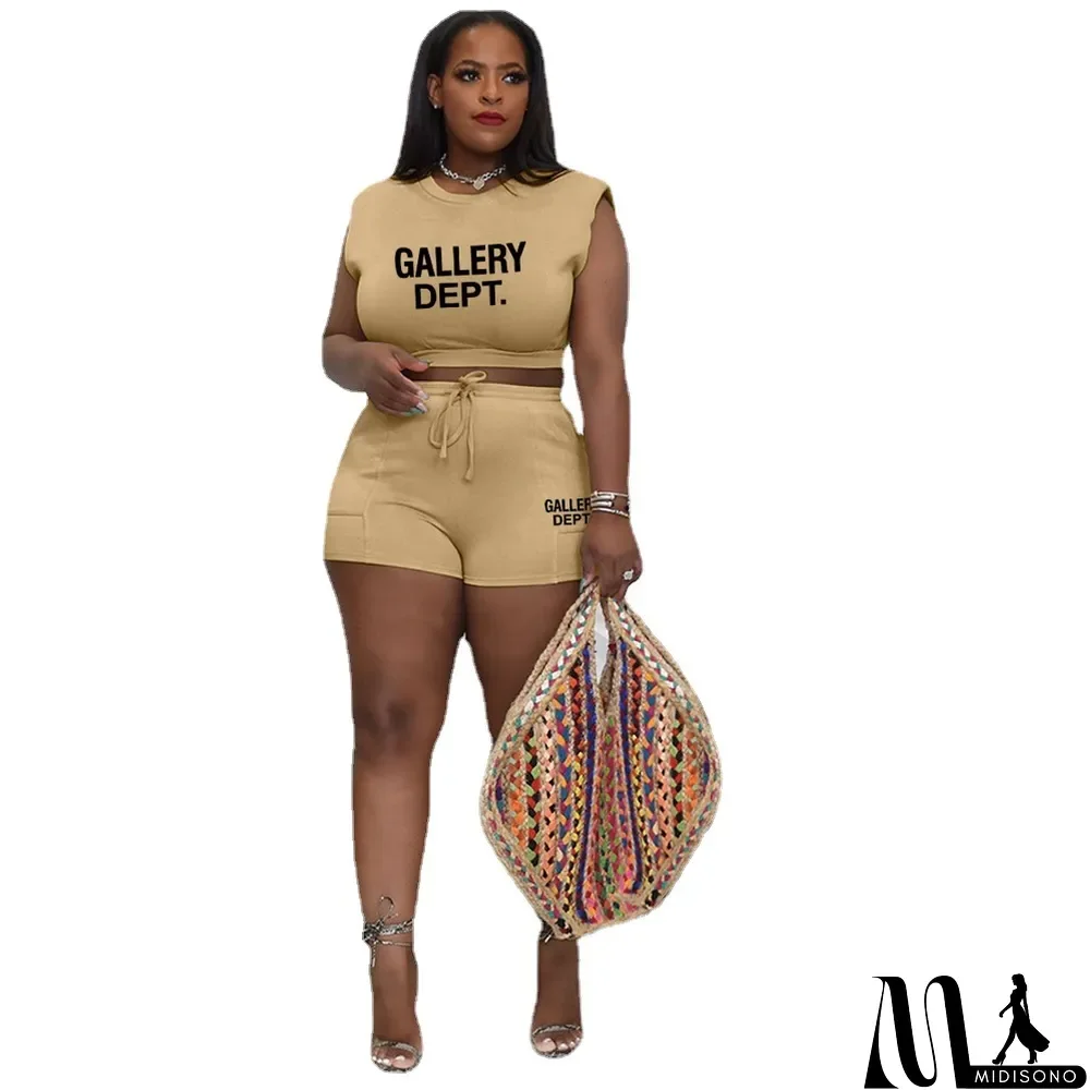 MidiSono - Plus Size Ladies Solid Letter Printed Shoulder Pads Top and Shorts Two Piece Set