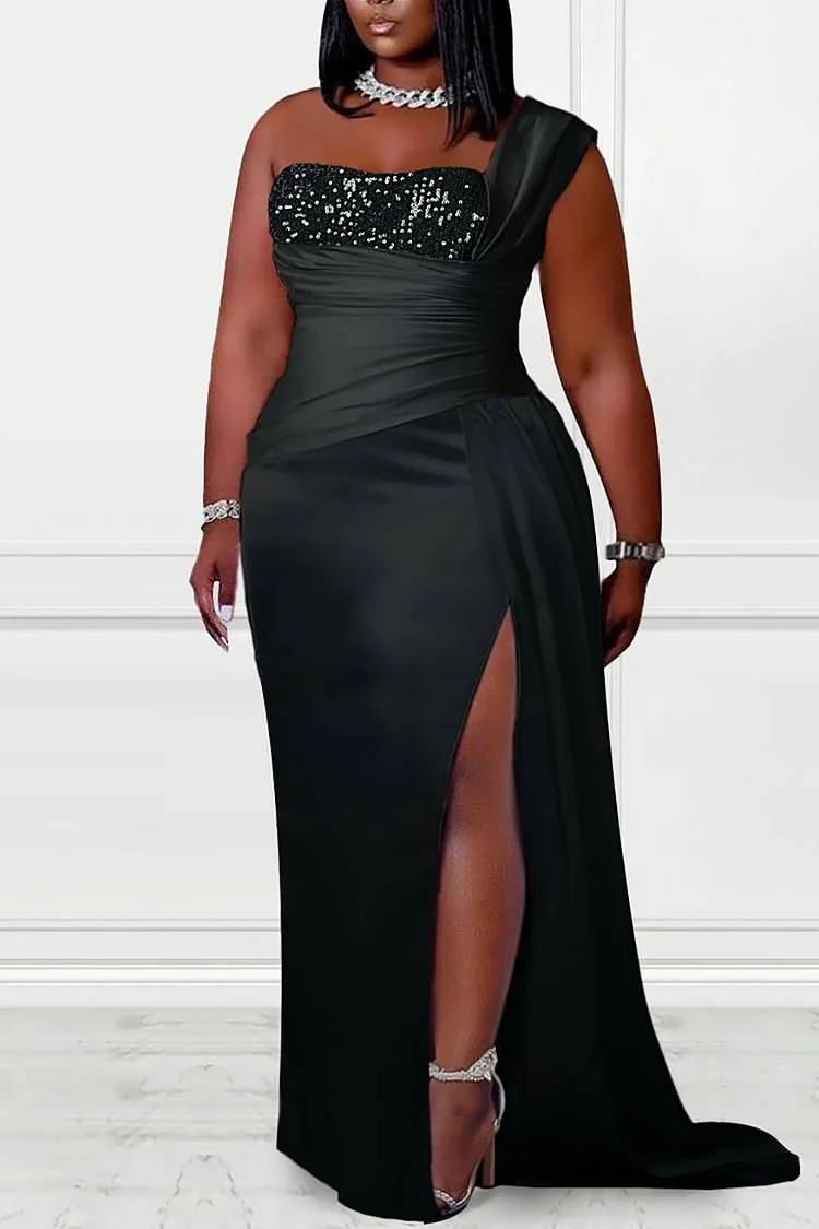 Plus Size Black Formal Satin One Shoulder Sequin High Split Maxi Dresses 