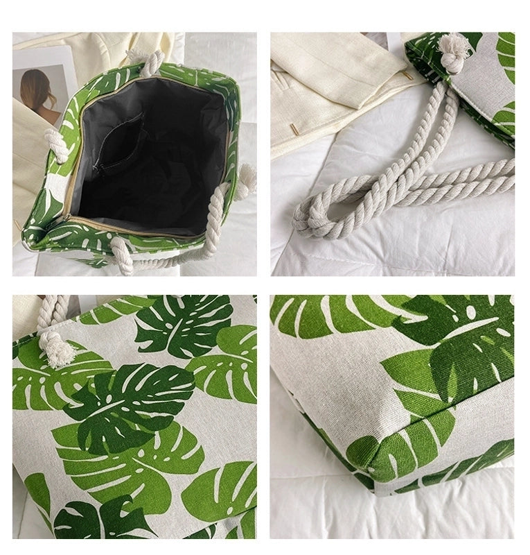 Women’s Medium Canvas Leaves Butterfly Beach Square Zipper Beach Bag