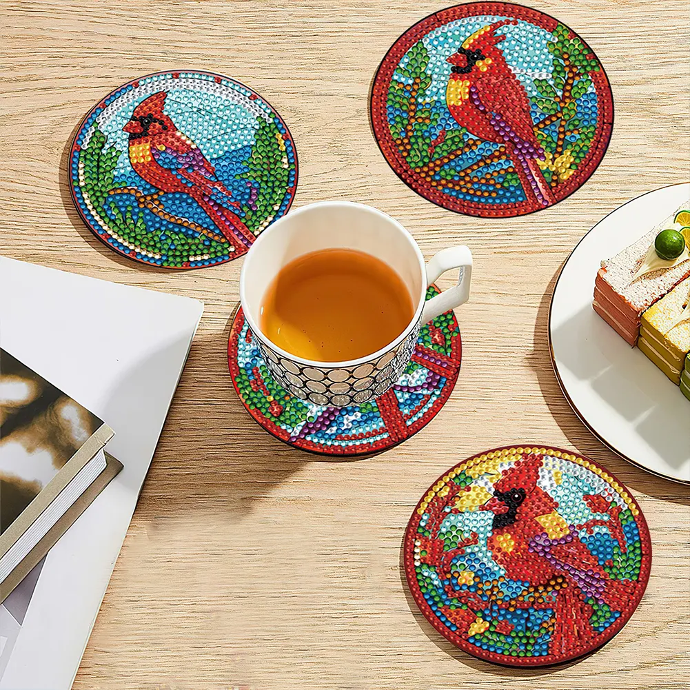 8pcs DIY Stained Glass Cardinal Diamond Painting Coasters Kits Acrylic Full Drill Coaster Single Side Diamond