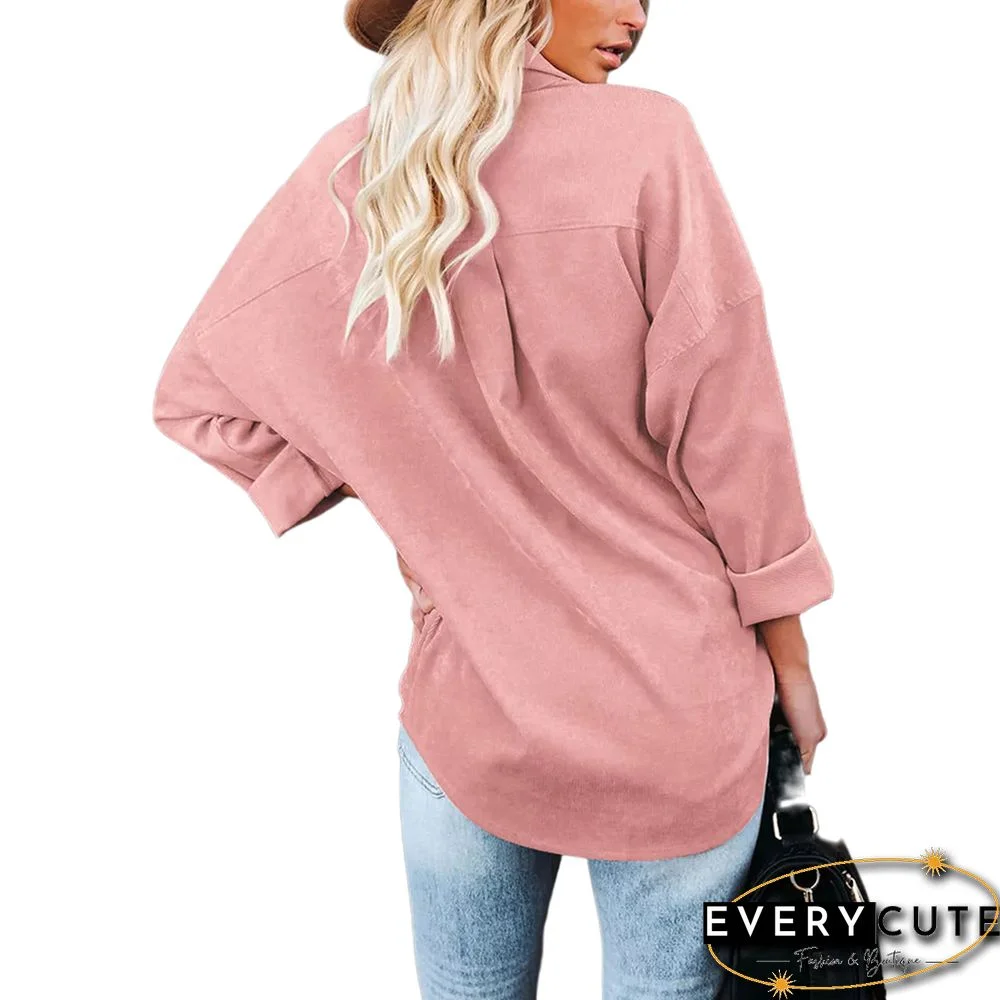 Pink Solid Corduroy Button Long Sleeve Shirt
