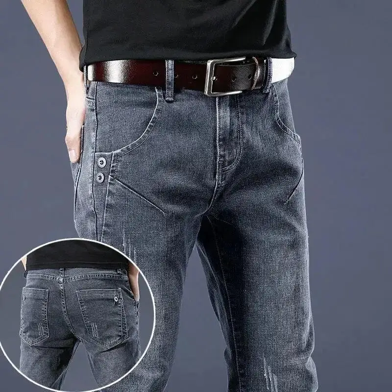 Eastmentires Men's Brushed Jeans Luxury Winter Jeans Velvet Fleece Man Thermal Warm Korean Versatile Elastic Plush Thicken Slim Pencil Pants