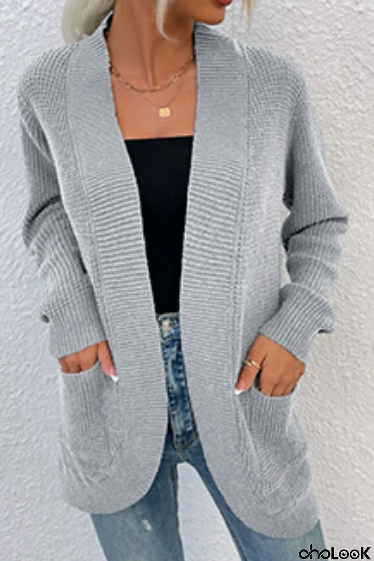 Open Front Rib-Knit Cardigan with Pockets