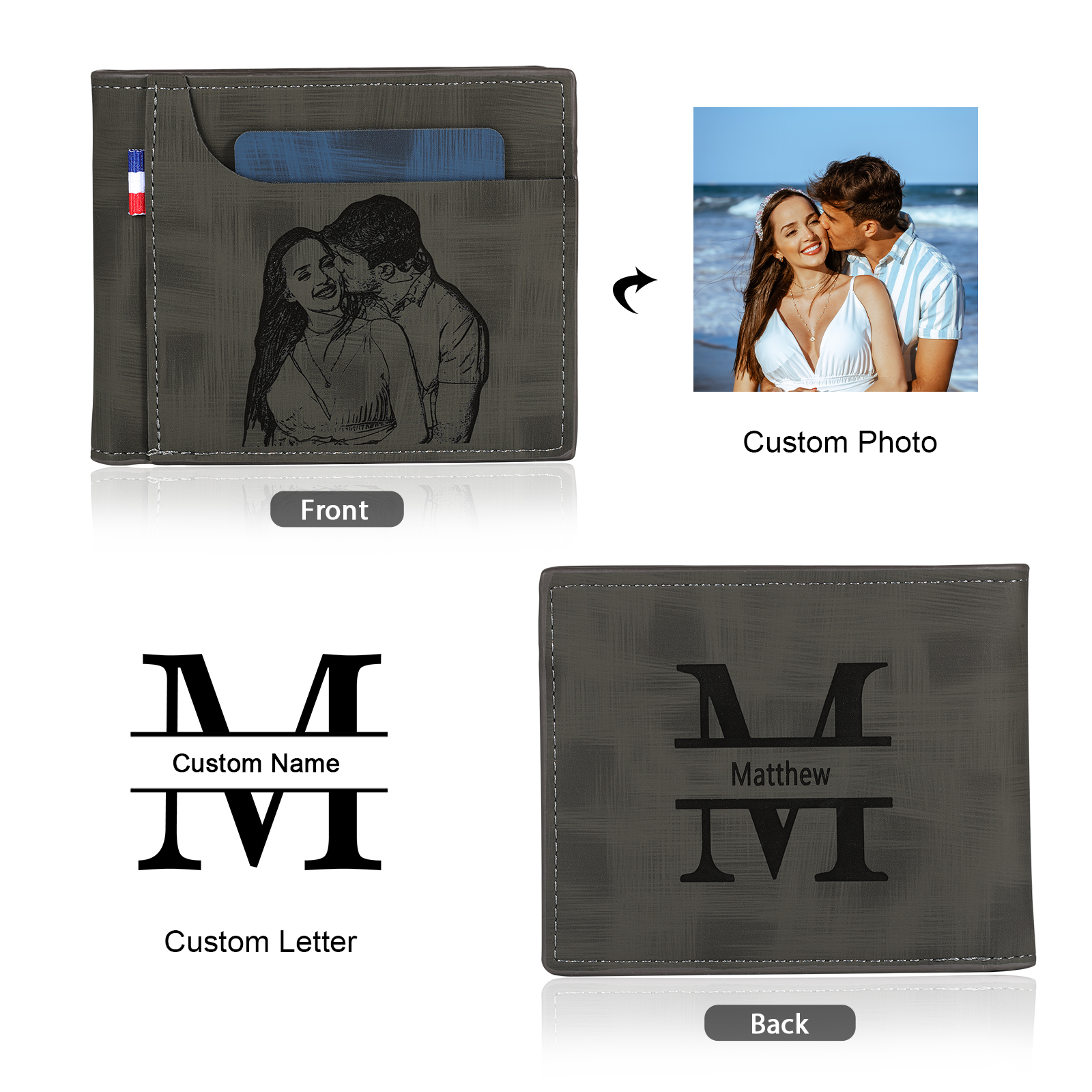 Portefeuille Classique 1 Prénom et Lettre Personnalisés avec Photo Porte-Monnaie Carte