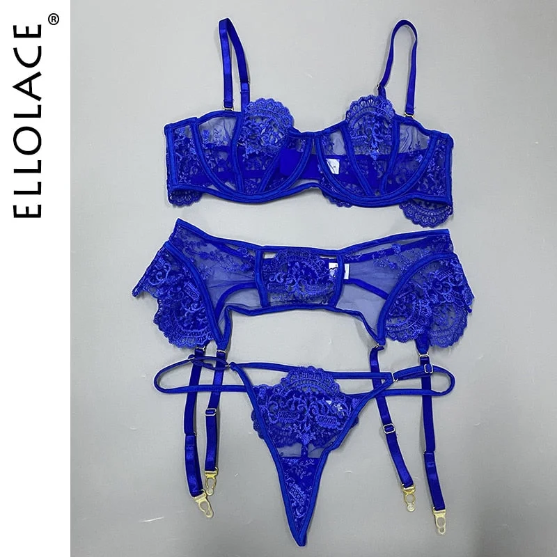 Ellolace Transparent Lingerie Erotic Lace Delicate Underwear Sexy See Through Luxury Exotic Sets Blue Matching Bra Thong Garters