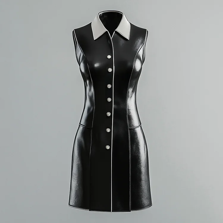 Ursime PU Leather Shirt Collar Button Up Sleeveless Midi Dress