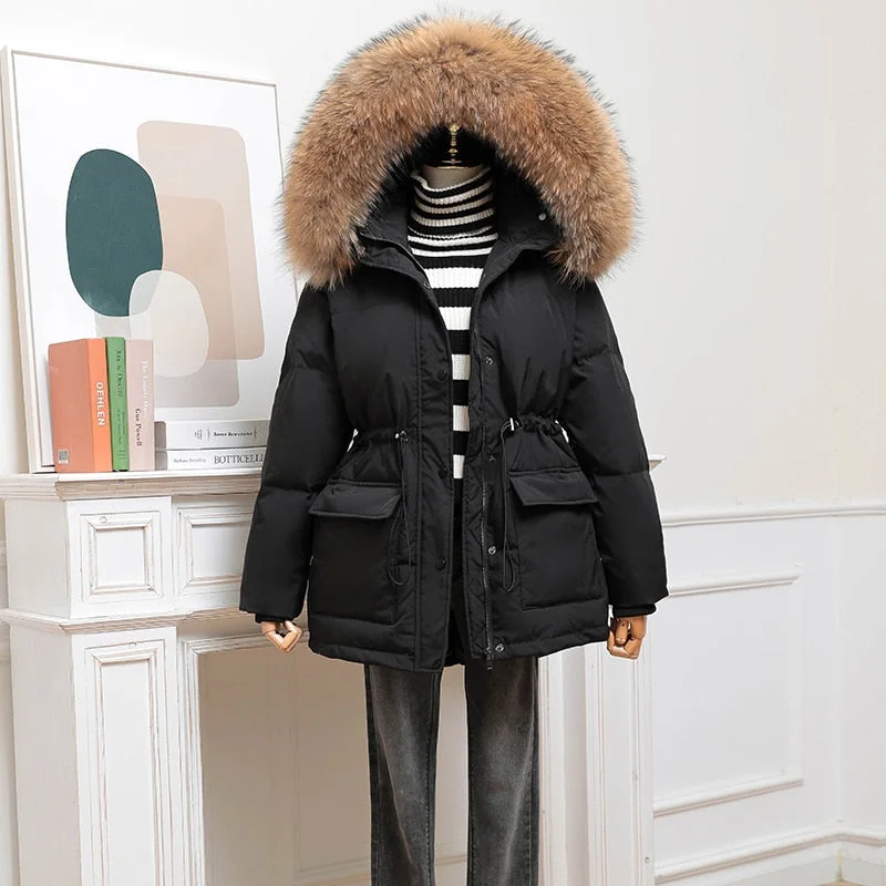 FTLZZ New Winter Women Thick Warm Large Real Fur Hooded Down Jacket 90% White Duck Down Coat Waist Retractable Parker Overcoat