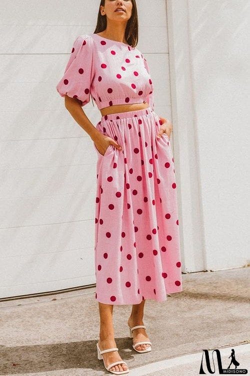 MidiSono - Polka Dot Puff Sleeve Maxi Skirts Set