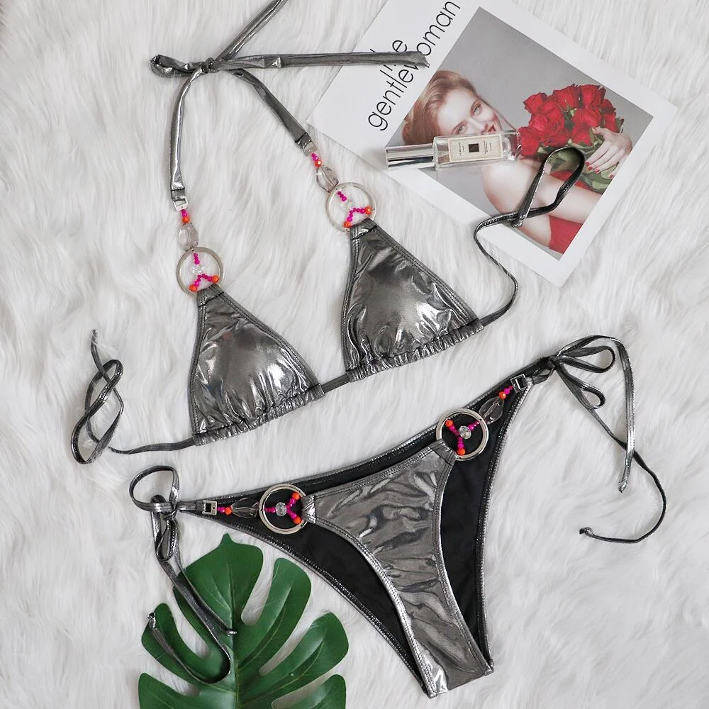 Brownm Brownm New Bikini Perms Silver Split Swimsuit Sexy Hand-Woven Crystal Diamond Swimsuit