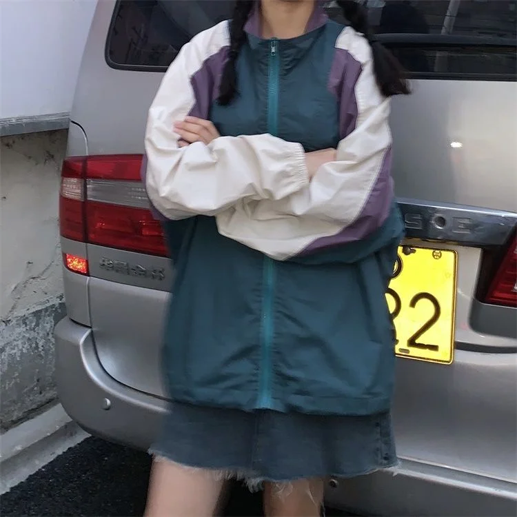 Women Basic Jackets Patchwork Stand Collar Retro Harajuku Teenagers Streetwear Oversize Sun-protect Hip-hop Stylish Casual Chic