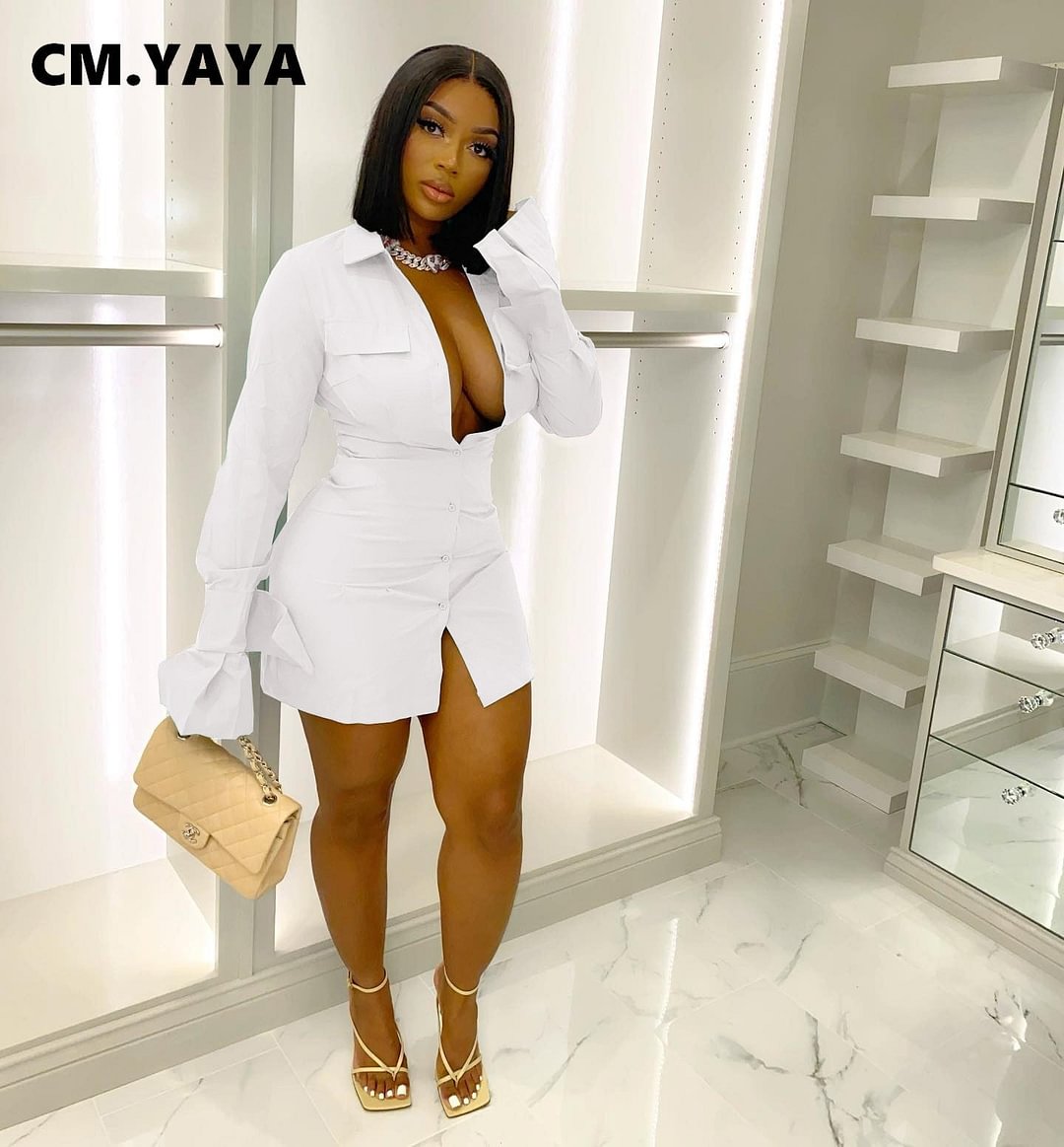 CM.YAYA Women Single Breasted Turn-down Neck Shirt Style A-line Bodycon Long Sleeve Dress 2022 New