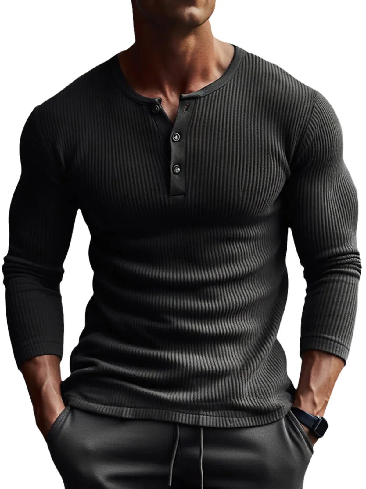 Men's Button Pit Solid Color Long Sleeve Henley T-Shirt Top PLUSCLOTHESMAN