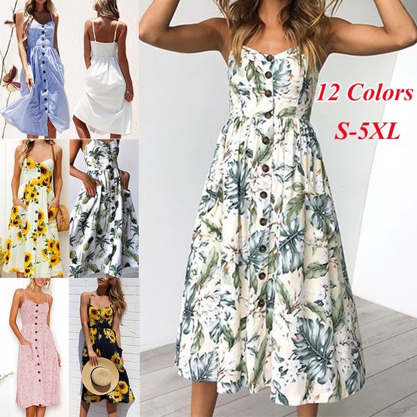 Plus Size S-5XL Women's Summer Fashion Sling Boho V-neck Sleeveless Dress Casual Long Beach Sundress - Shop Trendy Women's Fashion | TeeYours