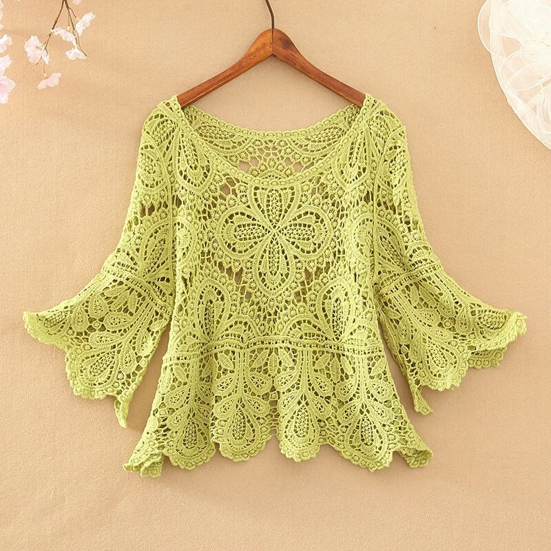 Small coat female crochet hollow five-point sleeve top sweater o neck knitted pullover